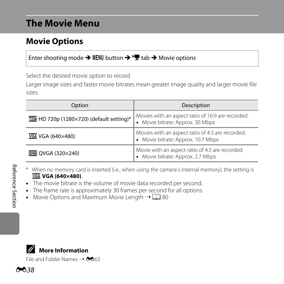 The movie menu, Movie options, E38) i | Nikon L25 - L26 User Manual | Page 146 / 204