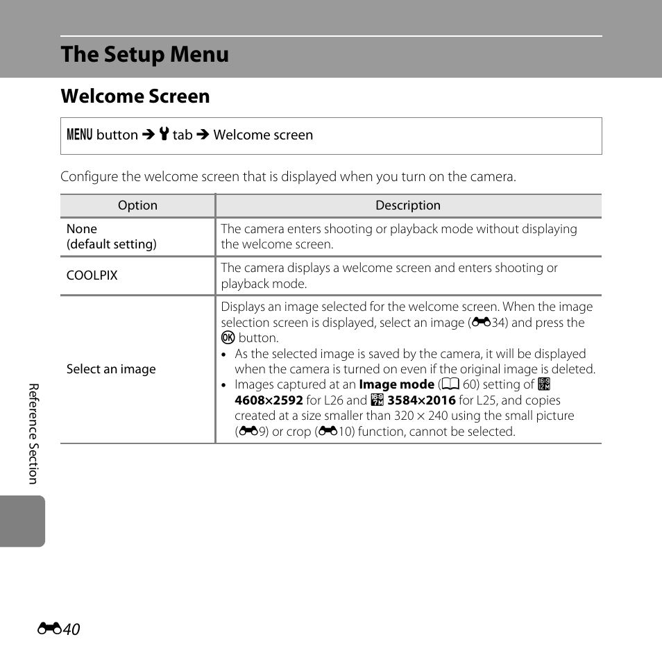 The setup menu, Welcome screen, E40) | Nikon L25 - L26 User Manual | Page 148 / 204