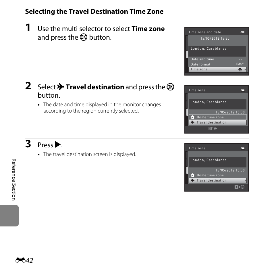 Selecting the travel destination time zone, Select x travel destination and press the k button, Press k | Nikon L25 - L26 User Manual | Page 150 / 204