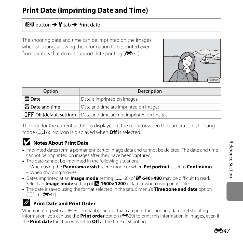 Print date (imprinting date and time), E47) in, E47) i | Nikon L25 - L26 User Manual | Page 155 / 204