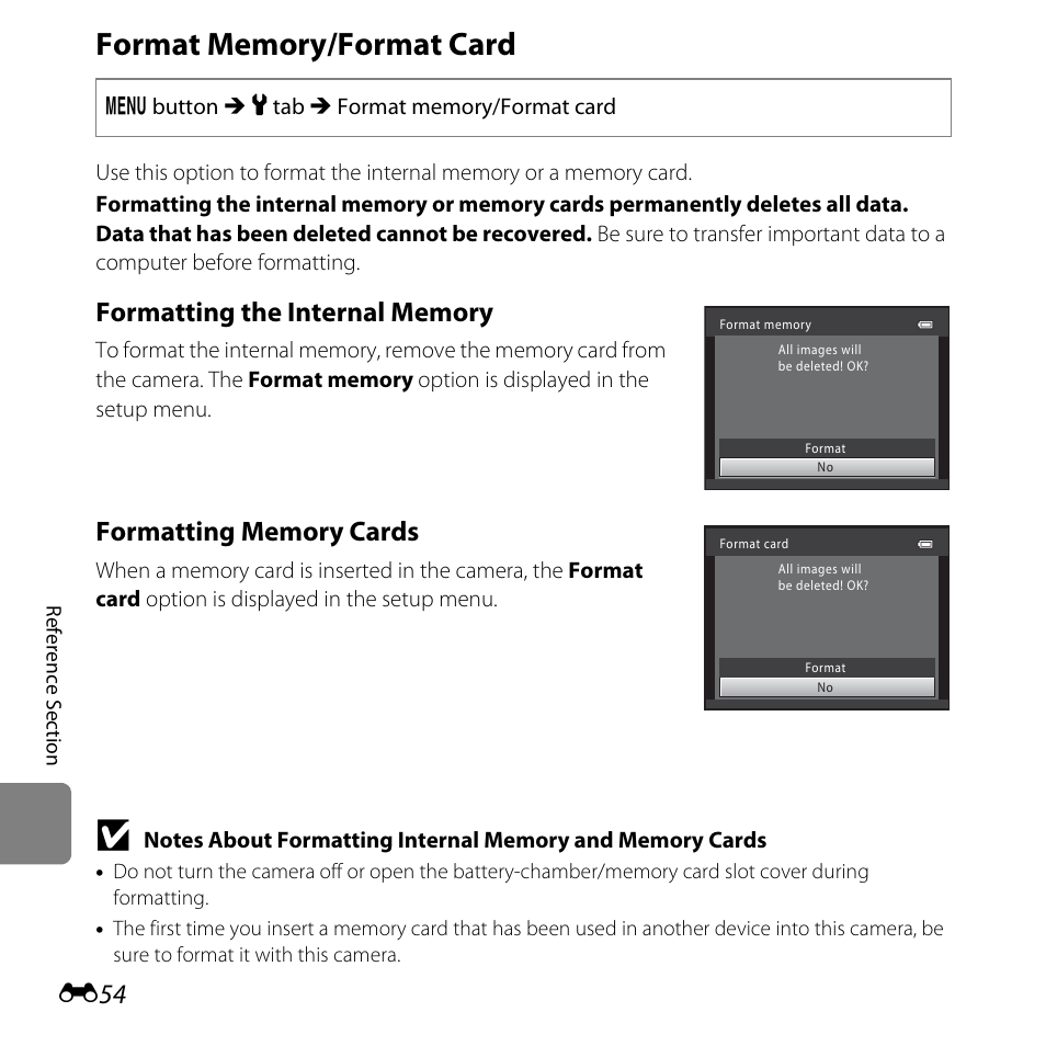 Format memory/format card, E54) in the, E54) | Nikon L25 - L26 User Manual | Page 162 / 204