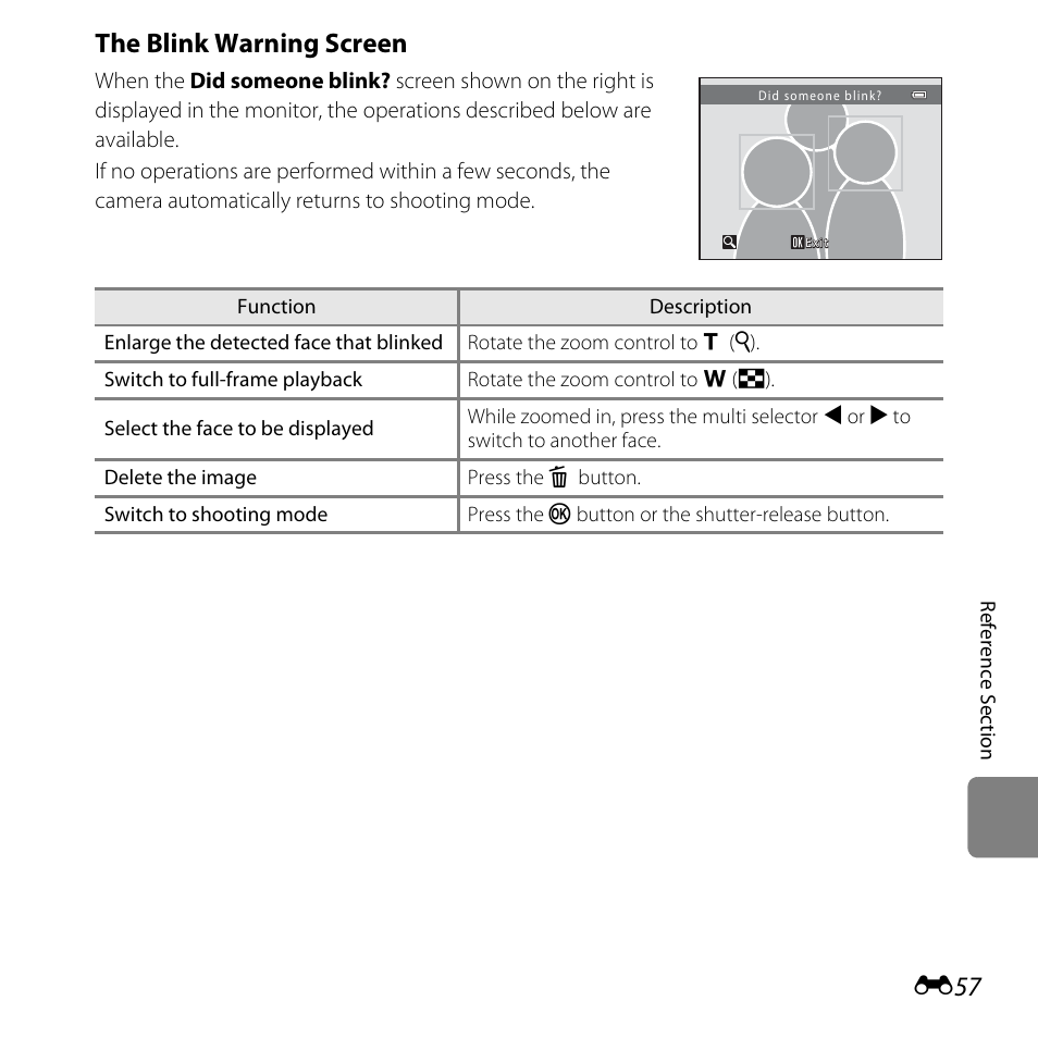 E57), The blink warning screen | Nikon L25 - L26 User Manual | Page 165 / 204