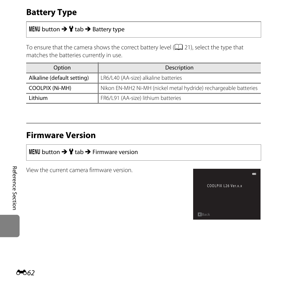 Battery type, Firmware version, E62) | Nikon L25 - L26 User Manual | Page 170 / 204