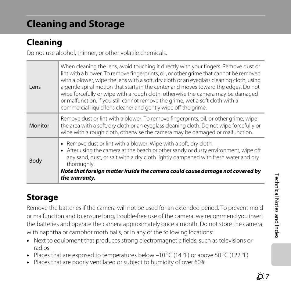 Cleaning and storage, Cleaning, Storage | F7 storage | Nikon L25 - L26 User Manual | Page 183 / 204