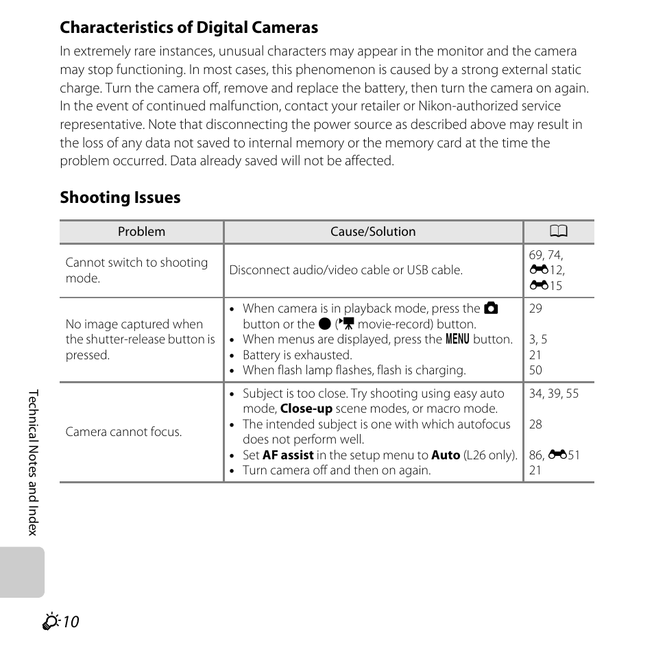 Characteristics of digital cameras, Shooting issues | Nikon L25 - L26 User Manual | Page 186 / 204