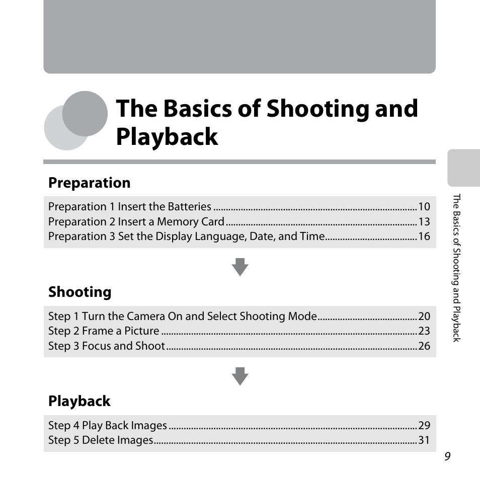 The basics of shooting and playback, A 9), E “the basics of shooting and | Playback, Preparation, Shooting | Nikon L25 - L26 User Manual | Page 29 / 204