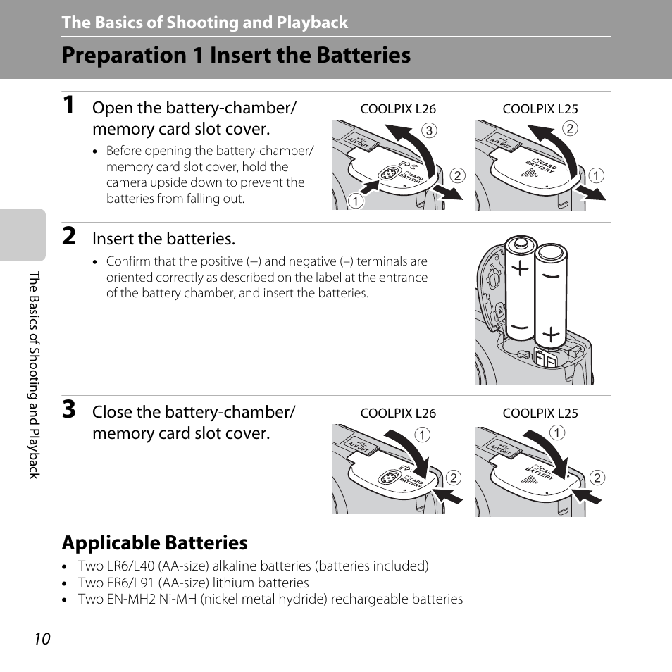 Preparation 1 insert the batteries, Applicable batteries | Nikon L25 - L26 User Manual | Page 30 / 204
