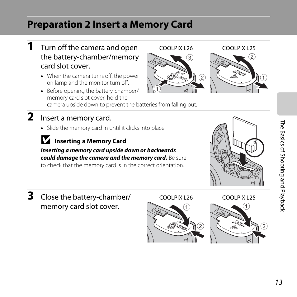 Preparation 2 insert a memory card | Nikon L25 - L26 User Manual | Page 33 / 204