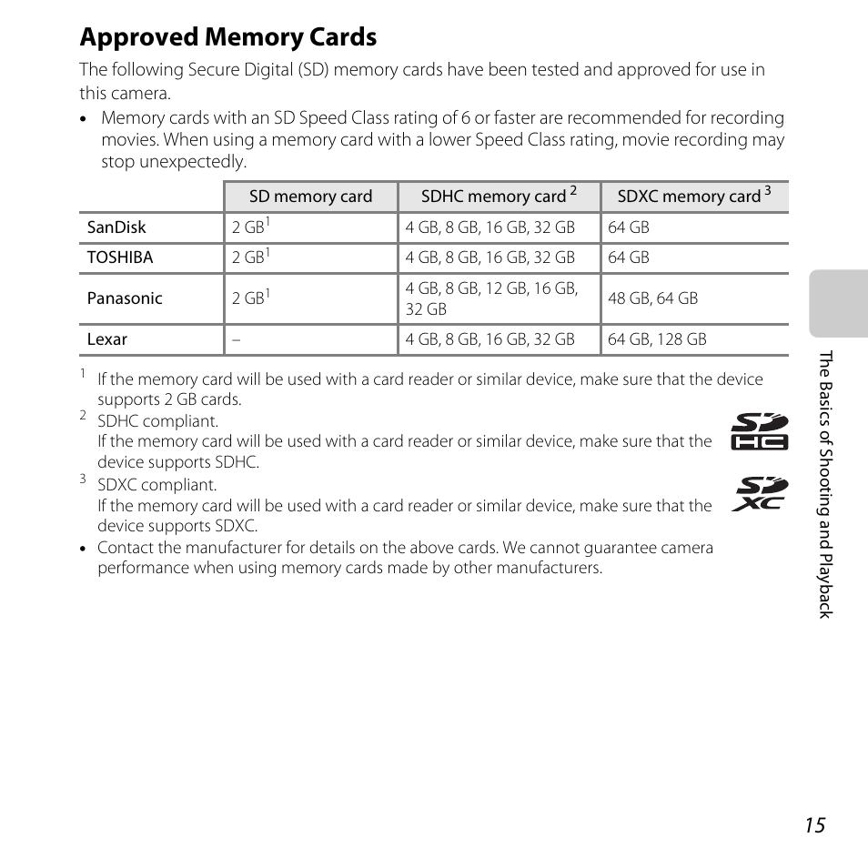 Approved memory cards | Nikon L25 - L26 User Manual | Page 35 / 204