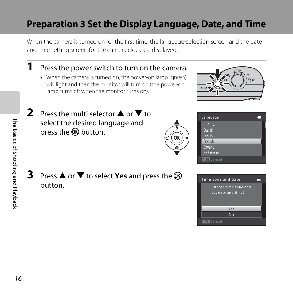 Press the power switch to turn on the camera, Press h or i to select yes and press the k button | Nikon L25 - L26 User Manual | Page 36 / 204