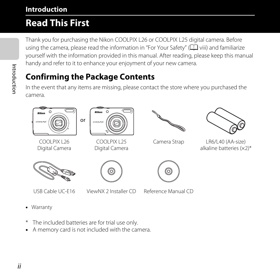 Introduction, Read this first, Confirming the package contents | Nikon L25 - L26 User Manual | Page 4 / 204