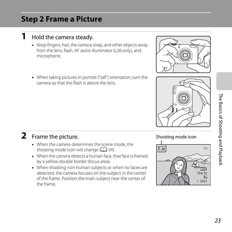 Step 2 frame a picture, Hold the camera steady, Frame the picture | Nikon L25 - L26 User Manual | Page 43 / 204