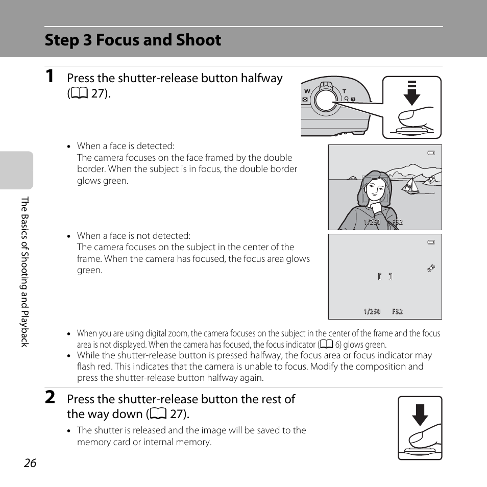 Step 3 focus and shoot, Press the shutter-release button halfway (a 27) | Nikon L25 - L26 User Manual | Page 46 / 204