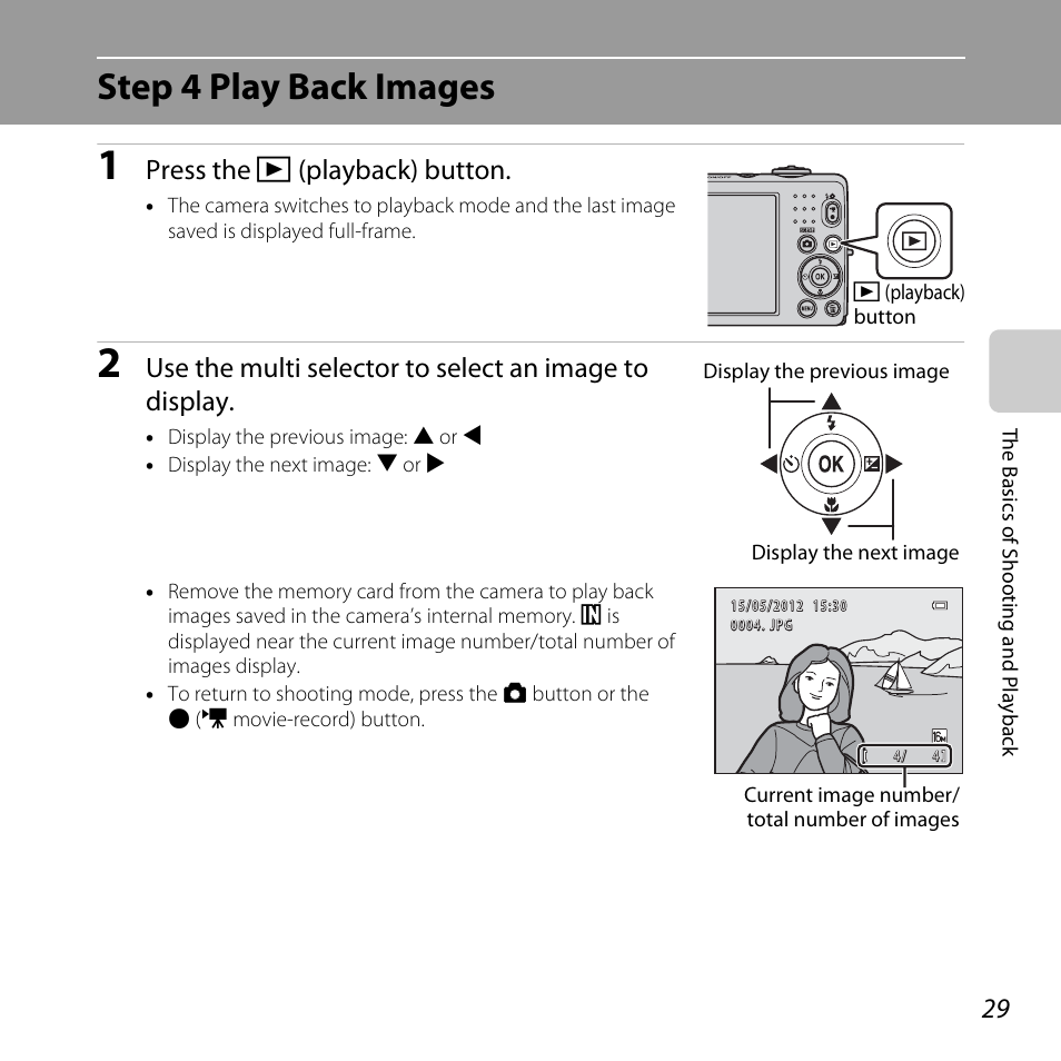Step 4 play back images, Press the c (playback) button | Nikon L25 - L26 User Manual | Page 49 / 204