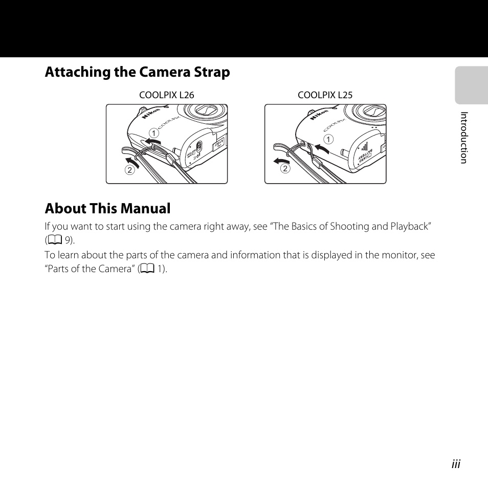 Attaching the camera strap, About this manual, Attaching the camera strap about this manual | Nikon L25 - L26 User Manual | Page 5 / 204