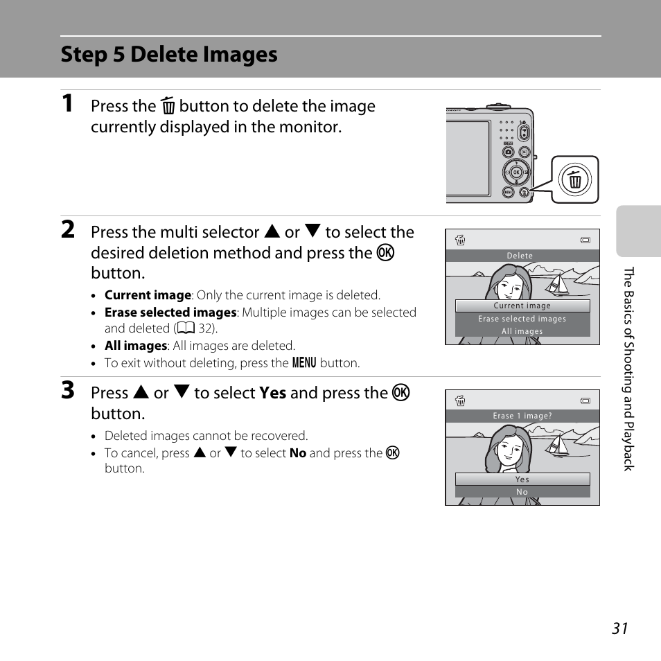 Step 5 delete images, Press h or i to select yes and press the k button | Nikon L25 - L26 User Manual | Page 51 / 204