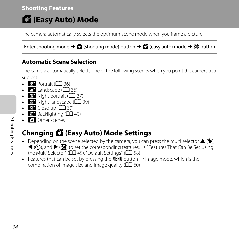 Easy auto mode, Changing easy auto mode settings, G (easy auto) mode | Changing g (easy auto) mode settings, A 34 | Nikon L25 - L26 User Manual | Page 54 / 204