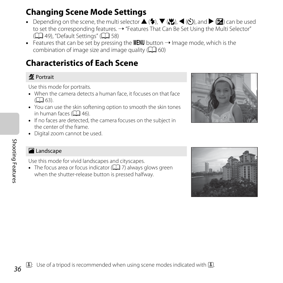 Changing scene mode settings, Characteristics of each scene, A 36) | A 36 | Nikon L25 - L26 User Manual | Page 56 / 204