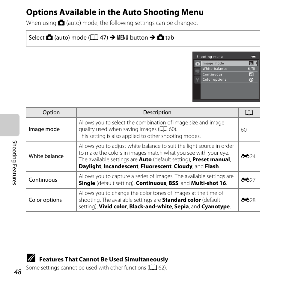 Options available in the auto shooting menu, A 48) to, Options available in the auto | Shooting menu, A 48) | Nikon L25 - L26 User Manual | Page 68 / 204