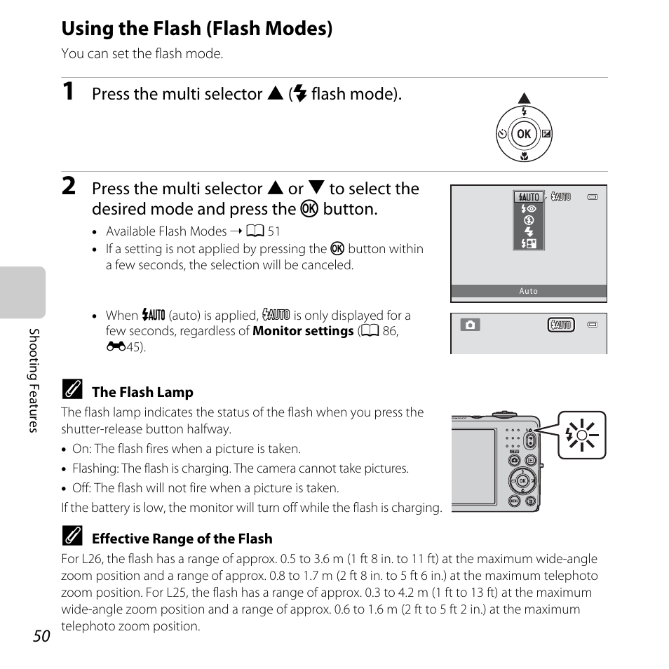 Using the flash (flash modes), A 50) may fir, H mode (a 50), self | A 50) | Nikon L25 - L26 User Manual | Page 70 / 204