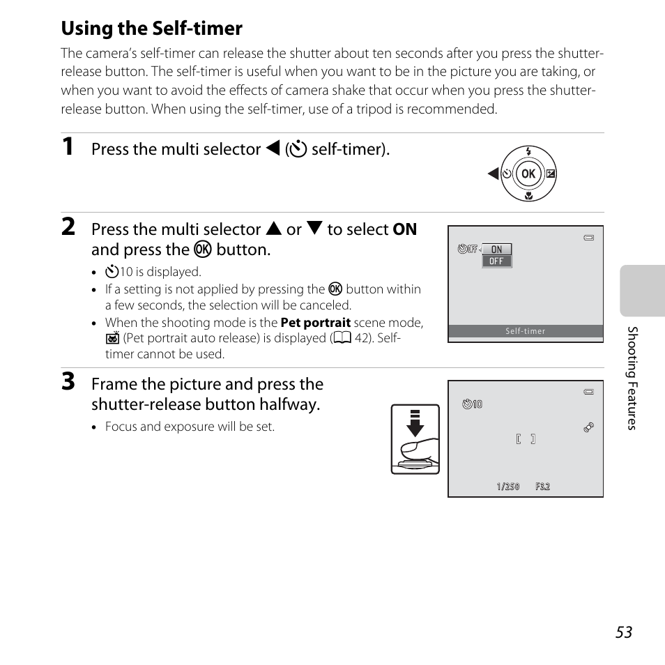 Using the self-timer, A 53), an, A 53), macr | A 53, Press the multi selector j (n self-timer) | Nikon L25 - L26 User Manual | Page 73 / 204