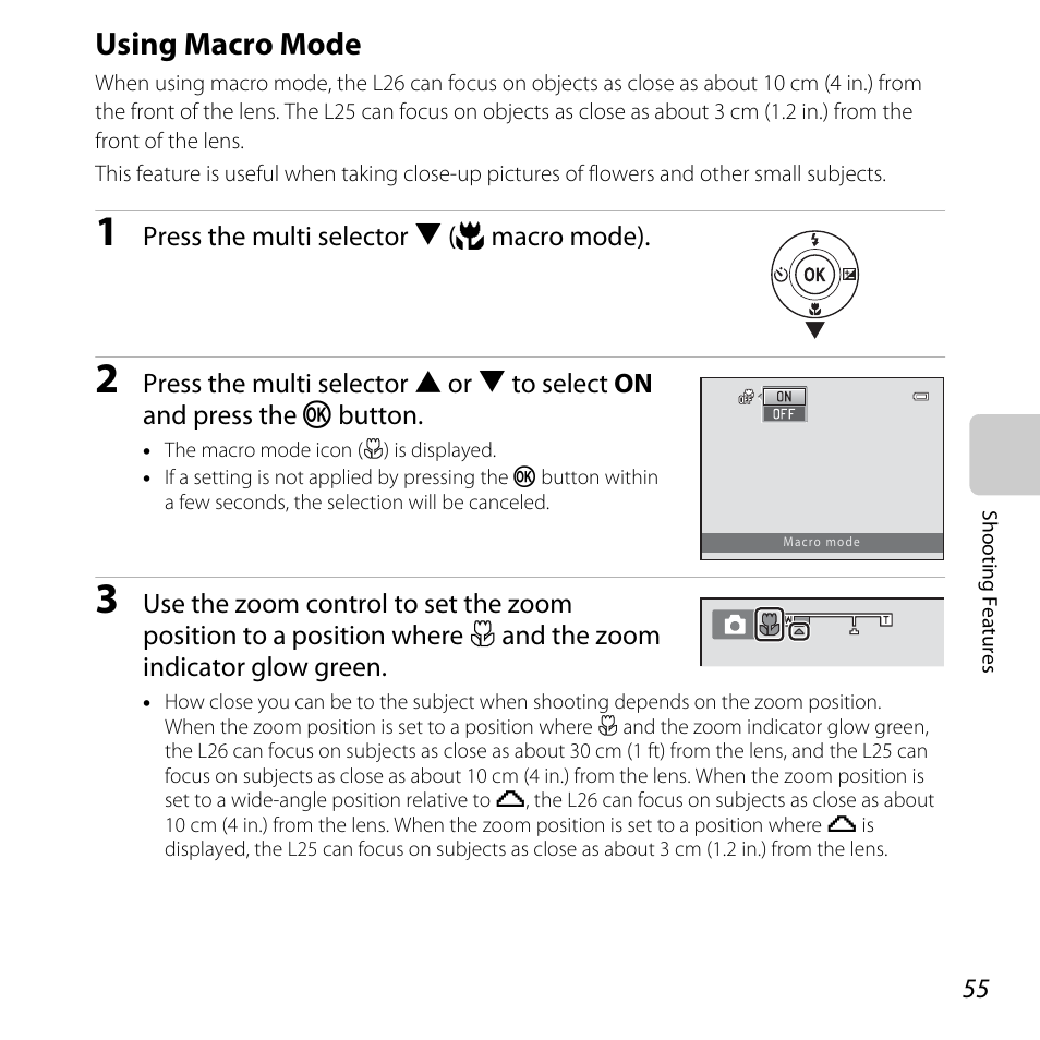 Using macro mode, A 55) is, A 55), and exposur | A 55) | Nikon L25 - L26 User Manual | Page 75 / 204