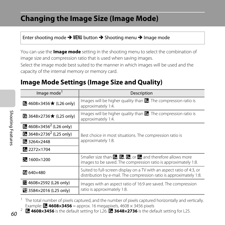 Changing the image size (image mode), Image mode settings (image size and quality), A 60 | A 60) | Nikon L25 - L26 User Manual | Page 80 / 204