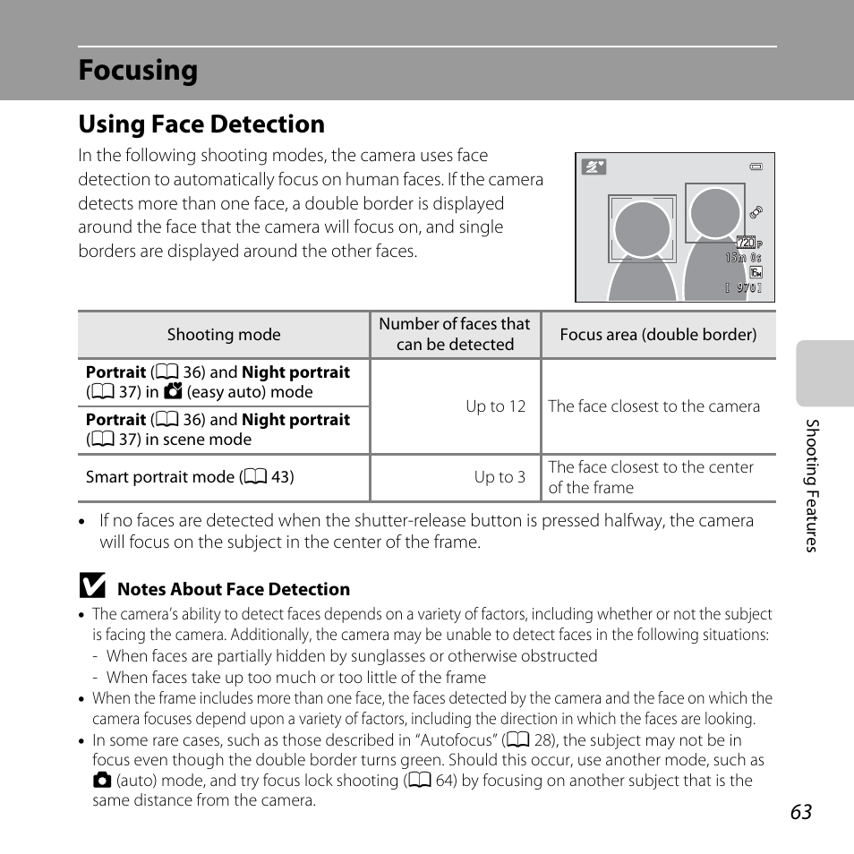 Focusing, Using face detection, See “using face detection | A 63) f, A 63), Notes about face detection, A 63 | Nikon L25 - L26 User Manual | Page 83 / 204