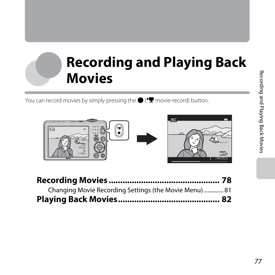 Recording and playing back movies, Recording movies, Playing back movies | Nikon L25 - L26 User Manual | Page 97 / 204