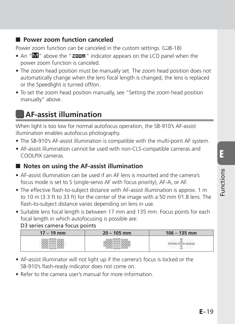 Af-assist illumination, E –19 | Nikon SB-910 User Manual | Page 101 / 136