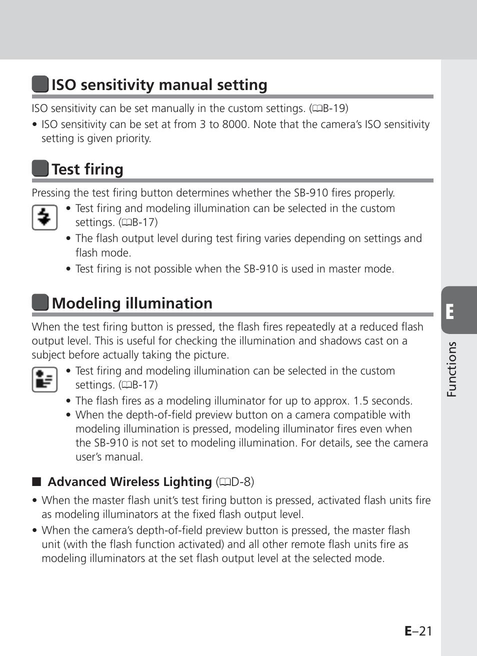 Iso sensitivity manual setting, Test firing, Modeling illumination | E –21 | Nikon SB-910 User Manual | Page 103 / 136