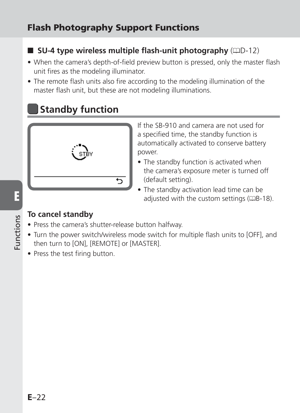 Standby function, E –22, Flash photography support functions | Nikon SB-910 User Manual | Page 104 / 136