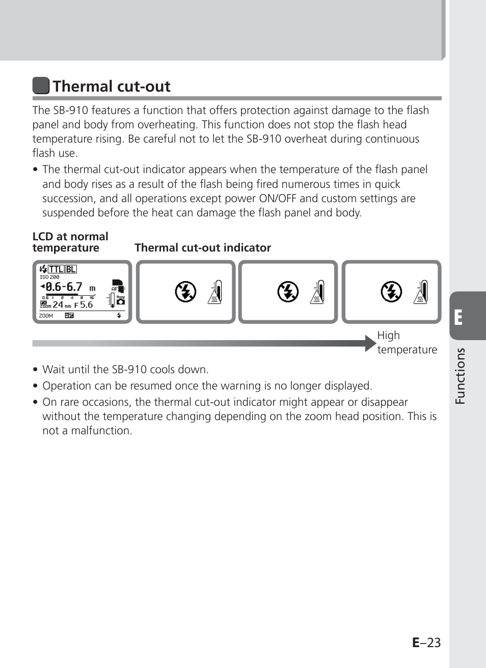 Thermal cut-out, E –23 | Nikon SB-910 User Manual | Page 105 / 136