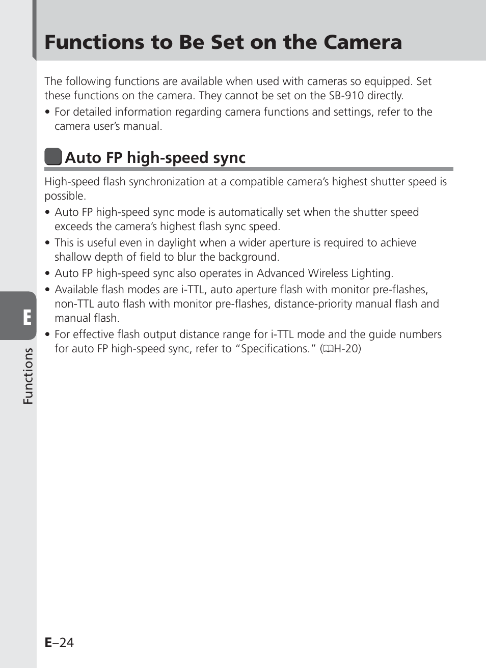 Functions to be set on the camera, Auto fp high-speed sync | Nikon SB-910 User Manual | Page 106 / 136