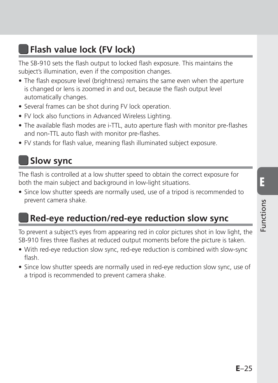 Flash value lock ( fv lock), Slow sync, Red-eye reduction/ red-eye reduction slow sync | E –25 | Nikon SB-910 User Manual | Page 107 / 136