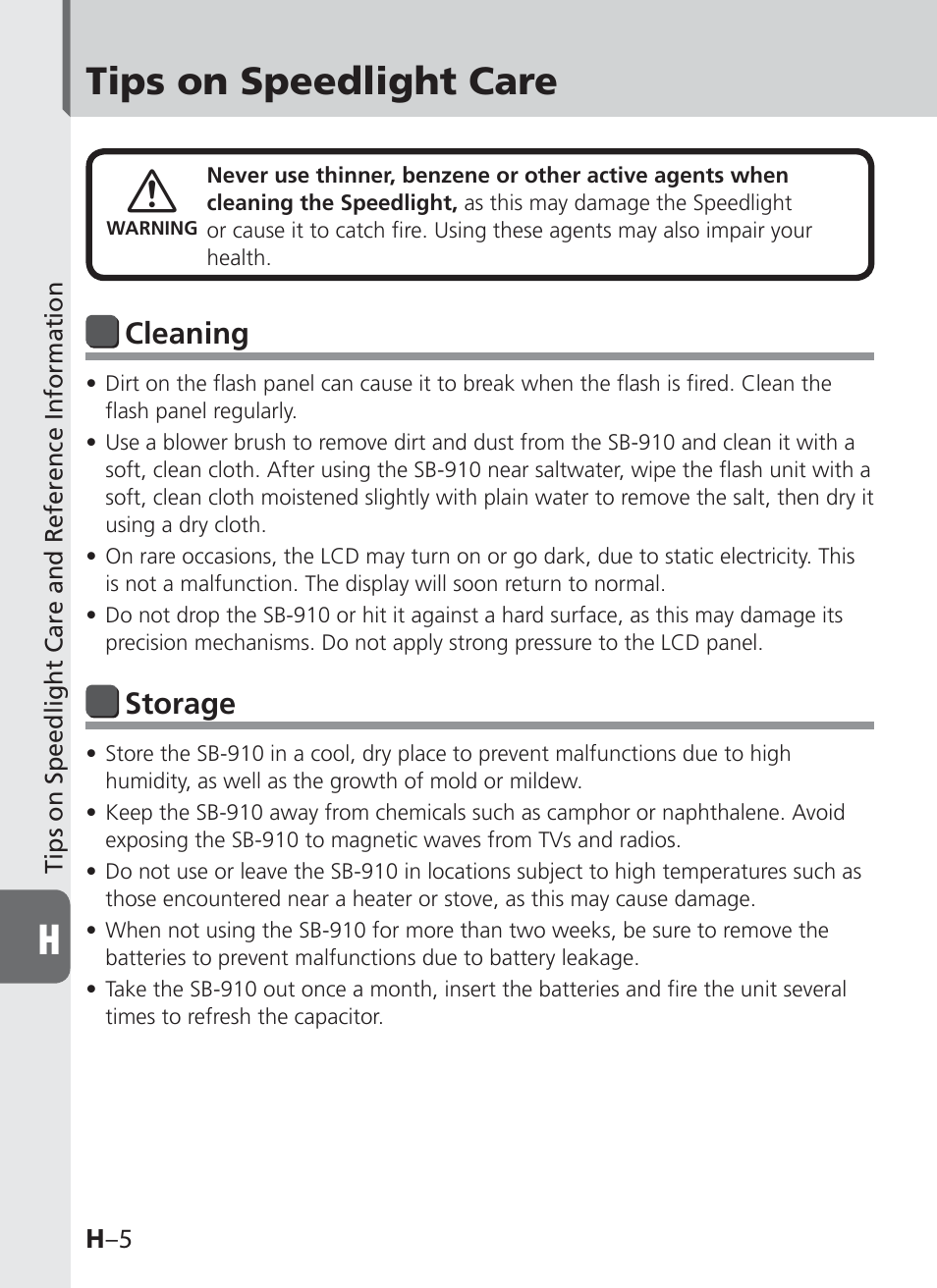 Tips on speedlight care, Cleaning, Storage | Nikon SB-910 User Manual | Page 116 / 136
