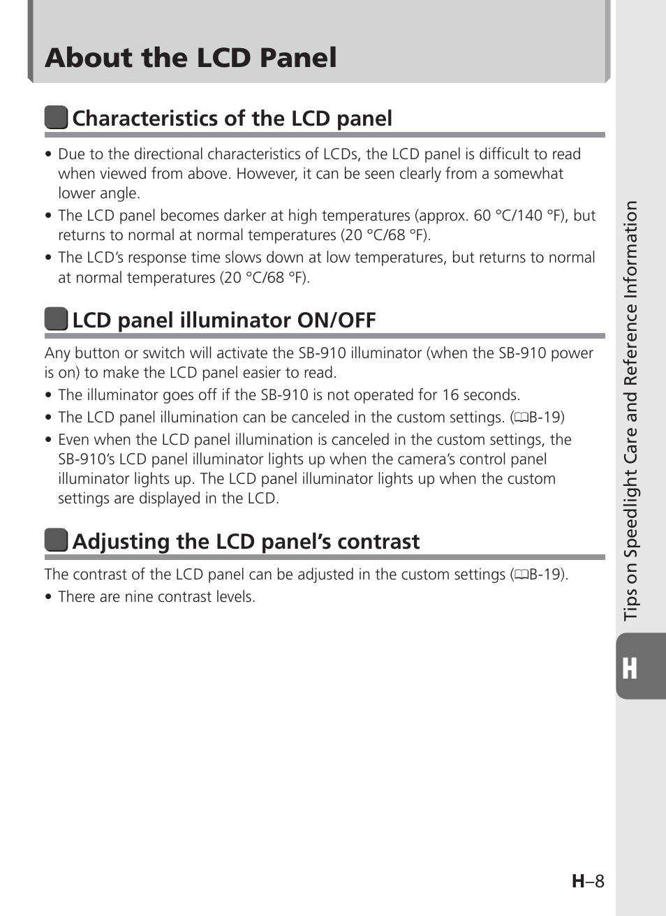 About the lcd panel, Characteristics of the lcd panel, Lcd panel illuminator on/off | Adjusting the lcd panel’s contrast | Nikon SB-910 User Manual | Page 119 / 136