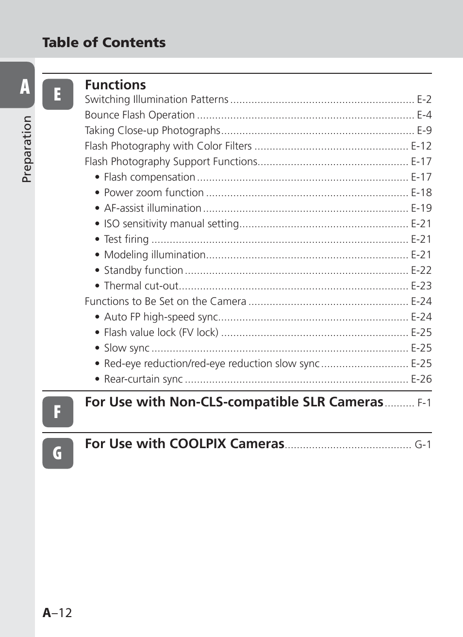 A –12 table of contents, Functions, For use with non-cls-compatible slr cameras | For use with coolpix cameras | Nikon SB-910 User Manual | Page 12 / 136
