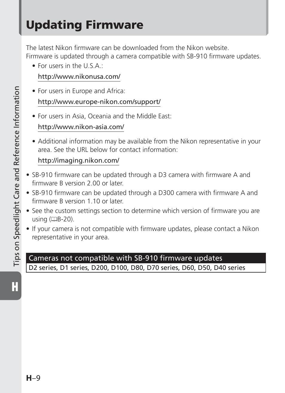 Updating firmware, H –9 | Nikon SB-910 User Manual | Page 120 / 136