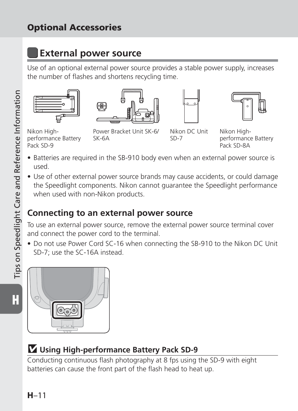 External power source, H –11, Optional accessories | Connecting to an external power source | Nikon SB-910 User Manual | Page 122 / 136