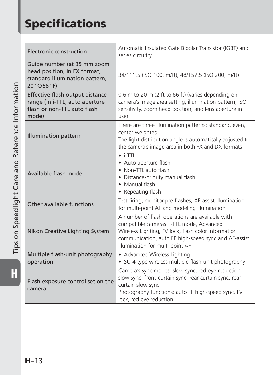 Specifications, H –13, Tips on speedlight care and reference information | Nikon SB-910 User Manual | Page 124 / 136