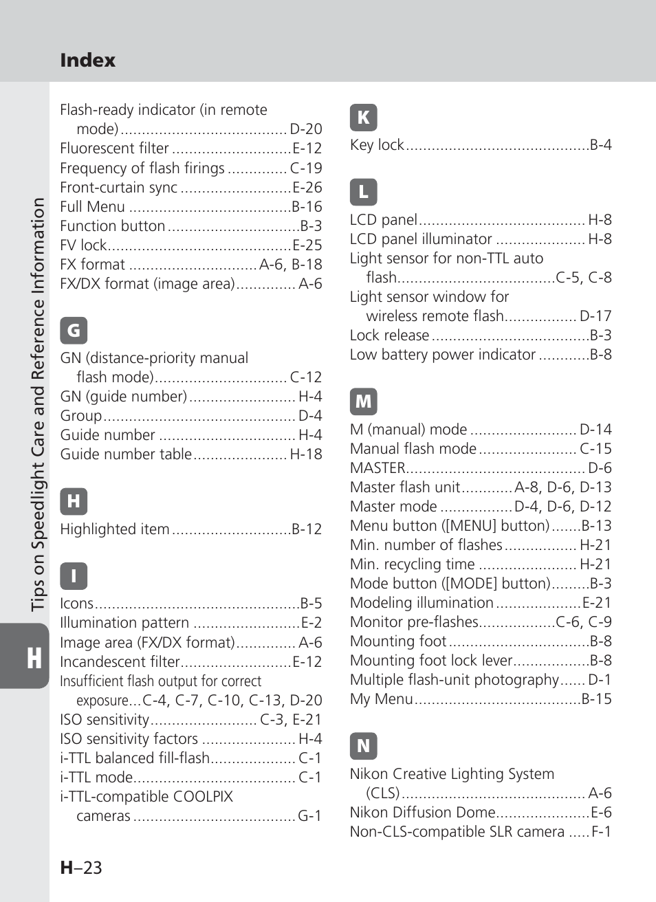 H –23, Index | Nikon SB-910 User Manual | Page 134 / 136