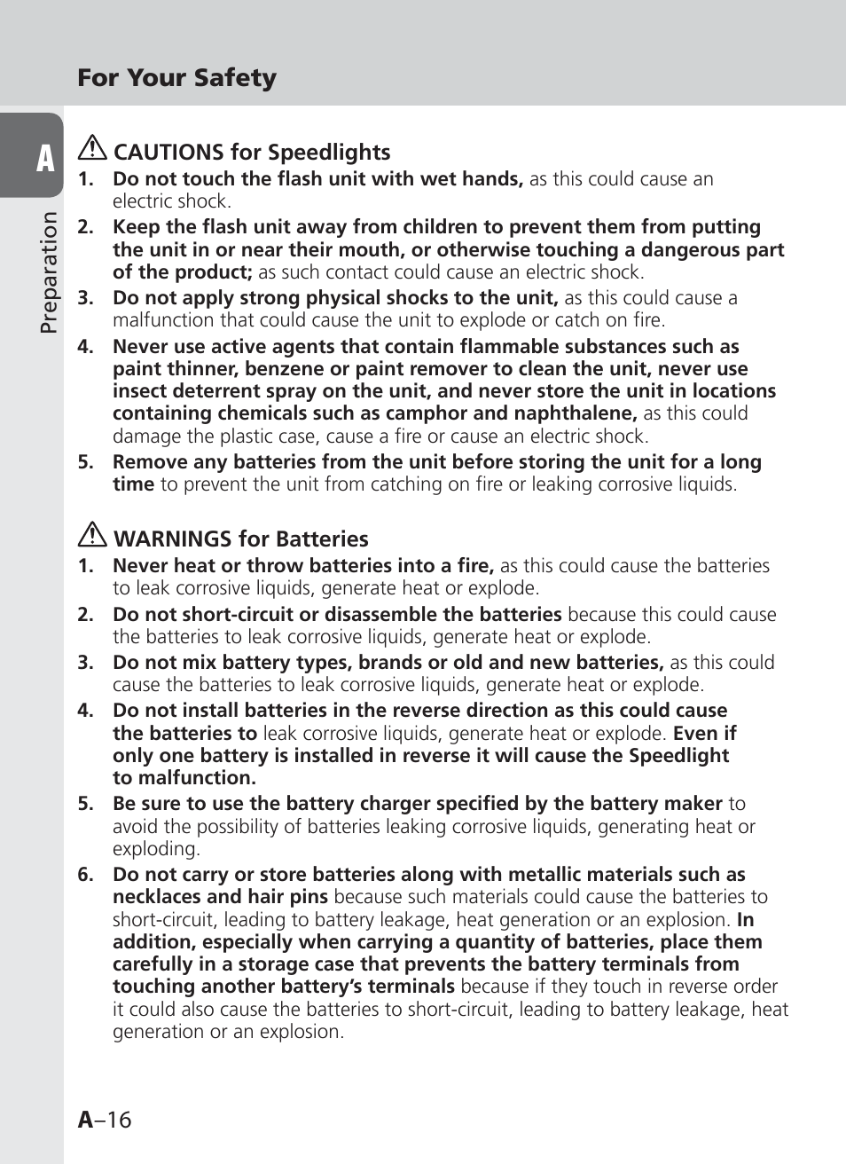 A –16 for your safety | Nikon SB-910 User Manual | Page 16 / 136