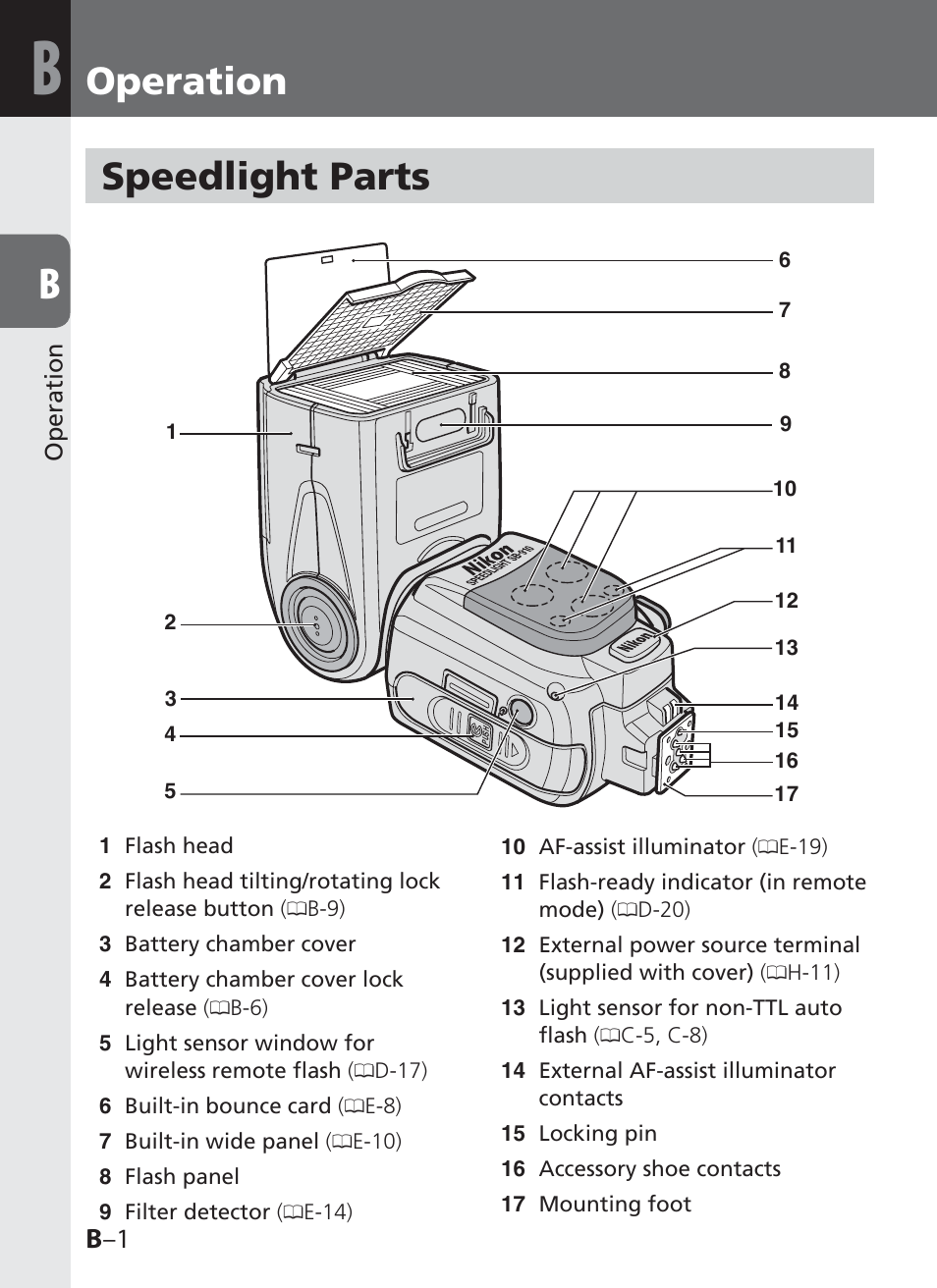Operation, Speedlight parts, B –1 | Nikon SB-910 User Manual | Page 20 / 136