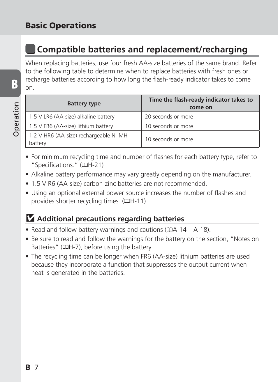 Compatible batteries and replacement/recharging, B –7, Basic operations | Nikon SB-910 User Manual | Page 26 / 136