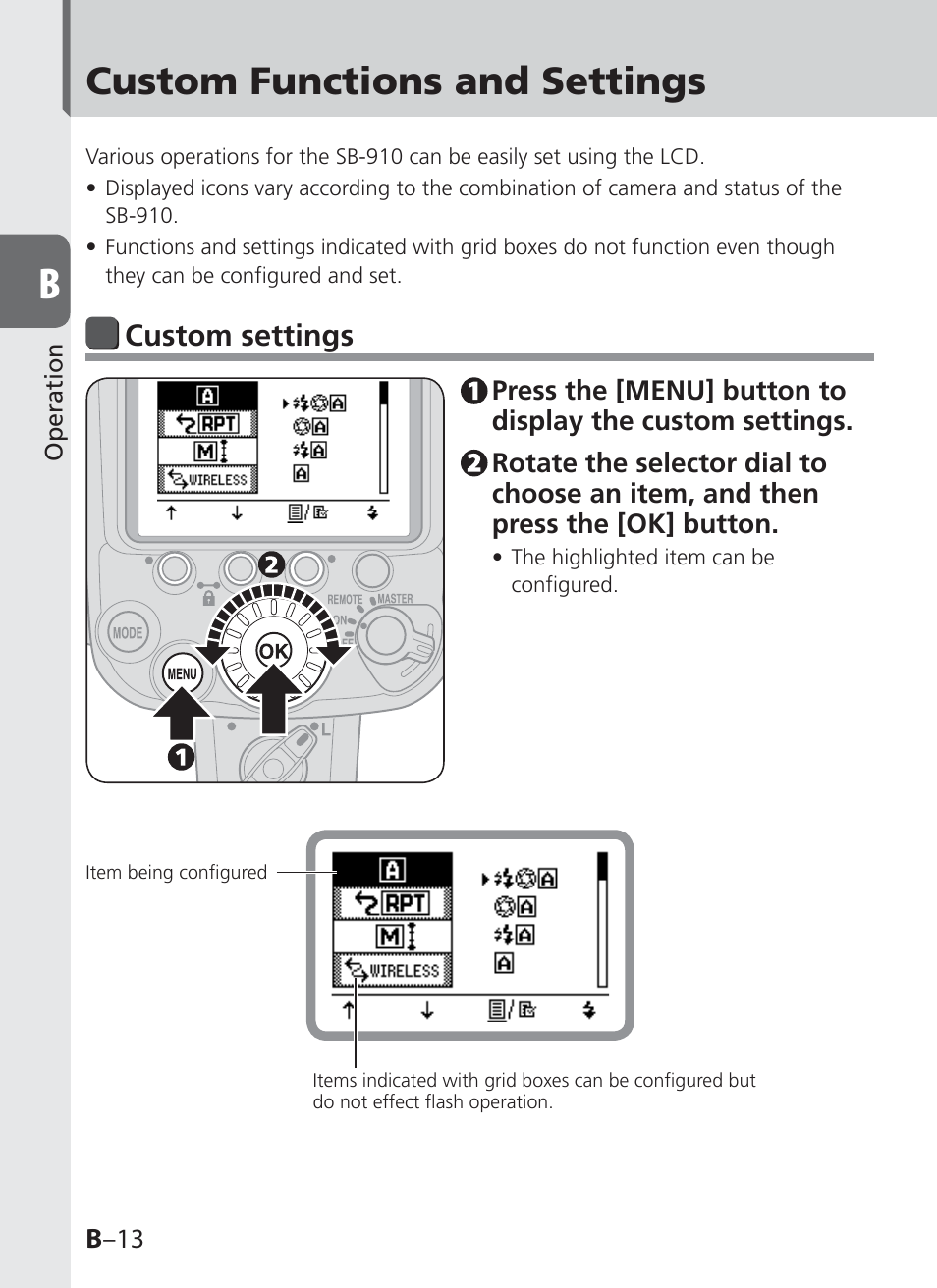 Custom functions and settings, Custom settings | Nikon SB-910 User Manual | Page 32 / 136