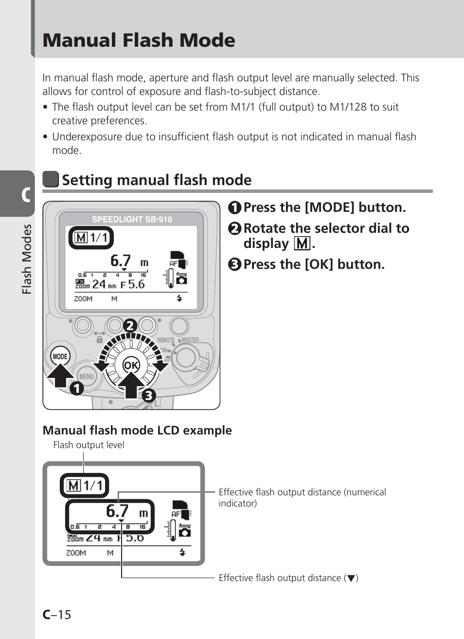 Manual flash mode, Setting manual flash mode | Nikon SB-910 User Manual | Page 54 / 136