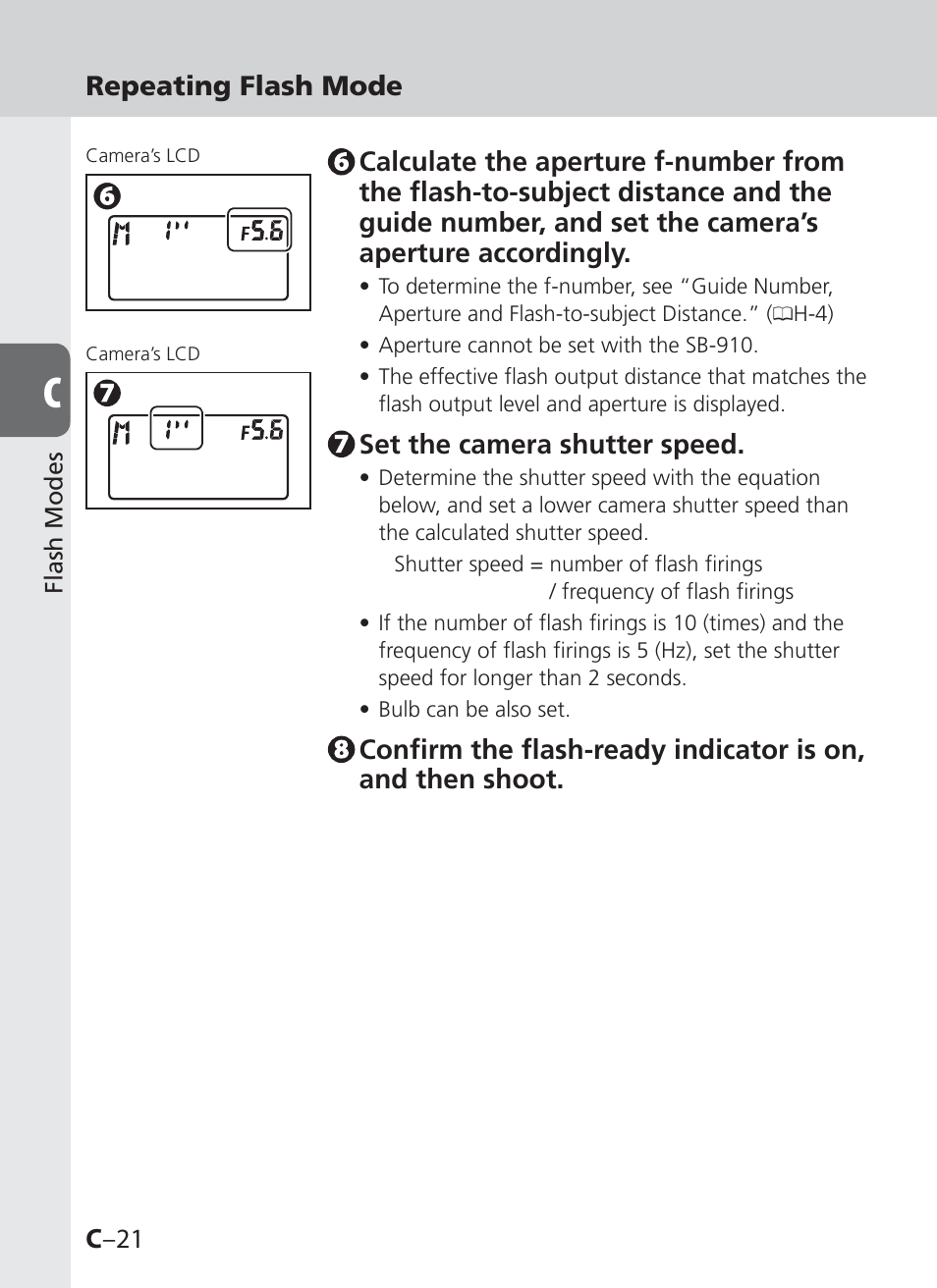 C –21, Repeating flash mode, Set the camera shutter speed | Nikon SB-910 User Manual | Page 60 / 136