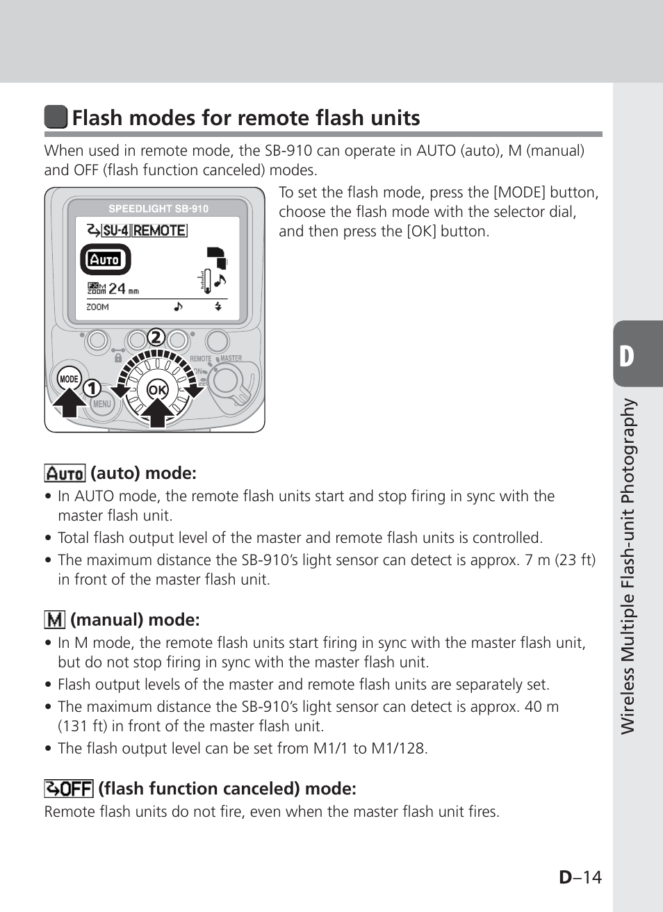 Flash modes for remote flash units, D –14 | Nikon SB-910 User Manual | Page 75 / 136