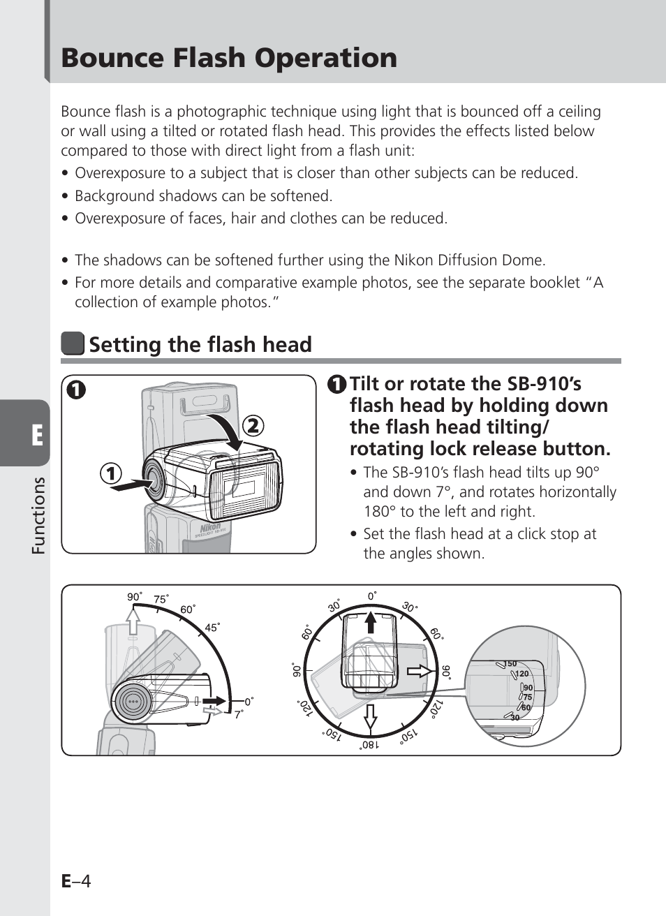 Bounce flash operation, Setting the flash head, E –4 | Nikon SB-910 User Manual | Page 86 / 136